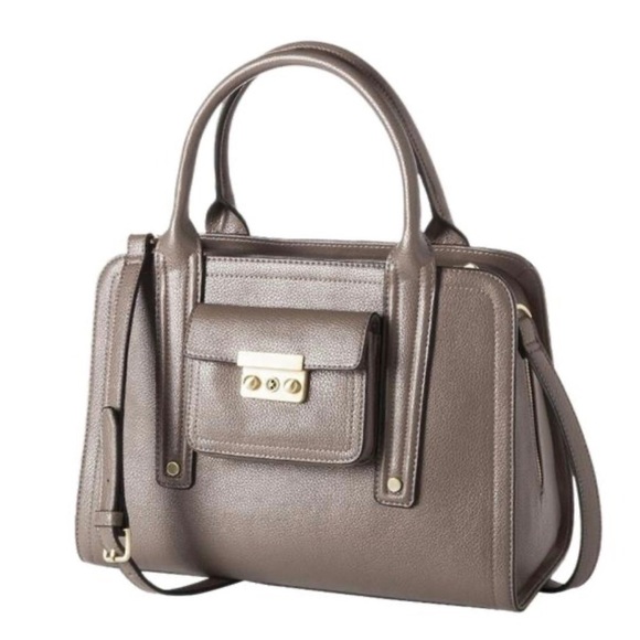 3.1 Phillip Lim | Large Taupe-Grey Faux Leather Top Zipper Handle Satchel Bag - Picture 1 of 8